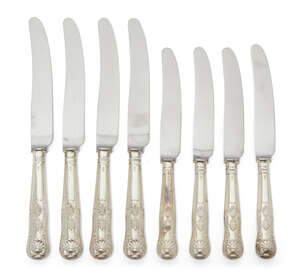 
	
		A set of four each silver-handled dinner and dessert knives, Sheffield, c.1948, maker IL,...