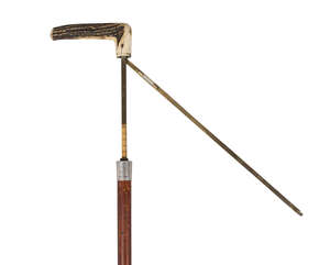 
	
		A gadget horse measuring walking stick, late 19th or early 20th century, with antler...