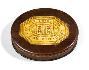 
	
		An English horn mounted treen snuff box, dated 1714, the cover inscribed IF YOU LOVE ME...