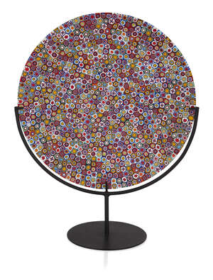 
	
		Murano, 
		 
		Millefiori Murrine plate on stand, 
		Fused glass, black anodised...