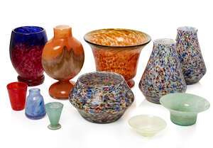 
	
		A group of mottled glass vases and bowls
		20th Century, unsigned
		Including seven...
