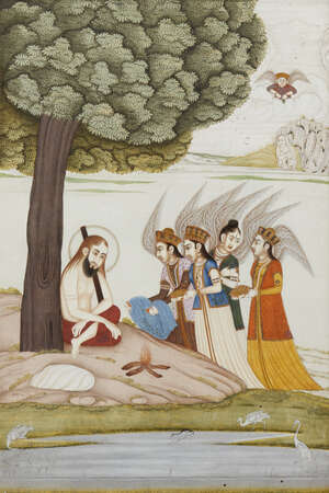 
	
		A group of winged angels bringing offerings to a sage, probably Murshidabad, India, late...