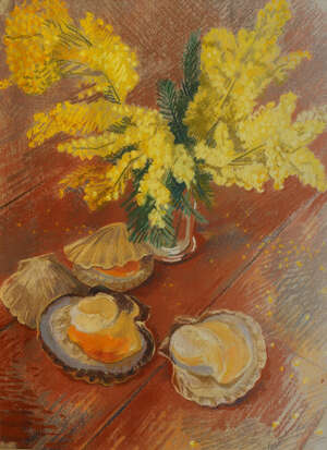 Gertrude Hermes,
		British 1901-1983- 
		 
		Mimosa and Scallops; 
		 
		pastel, signed and dated 1947, further inscribed to the reverse of the frame, 4