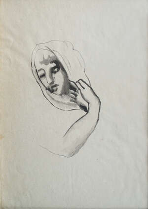 
	
		British School, early 20th century- Study of a woman in a veil; black watercolour and...