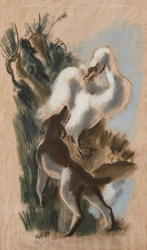 
	
		Hans Feibusch, 
		German 1898-1998-
		 
		'Dog and Goose Sketch', 1936;
		 
		pastel,...
