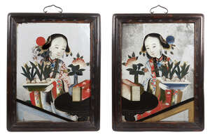 
	
		A pair of Chinese reverse paintings on glass, mid-19th century, depicting a girl holding...