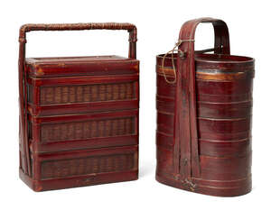 
	
		Two Chinese three-section stacking baskets, early 20th century, one of rectangular form...