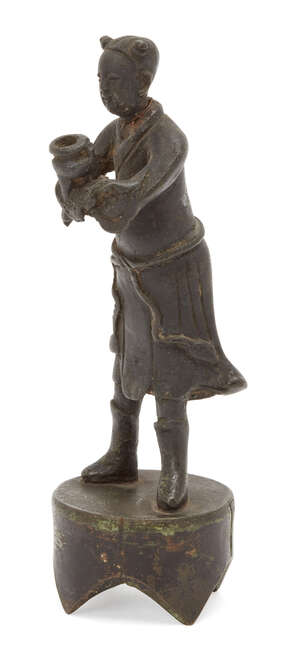 
	
		A Chinese bronze incense holder, 17th century, modelled as a boy holding up a tripod...