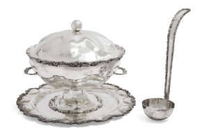 
	
		An impressive three-piece Mexican silver serving set, comprising lidded tureen, serving...