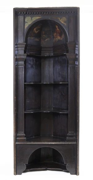 A George III painted architectural corner cabinet, third quarter 18th century, the dentil...