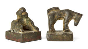 
	
		Two Chinese bronze square seals, late Ming dynasty, 17th century, one surmounted with a...