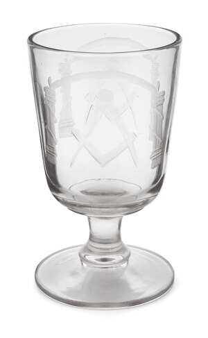 
	
		A Masonic glass rummer, c. 1850-75, with bucket form bowl, engraved with the Freemasonry...