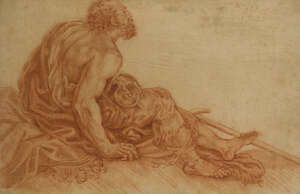 
	
		Italian School, 
		 
		17th century- 
		 
		Reclining draped male nude turned to the...