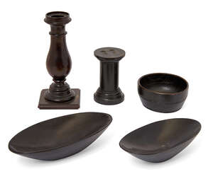 
	
		A treen candlestick, c.1800, of baluster form, 17cm high, together with a small ebonised...