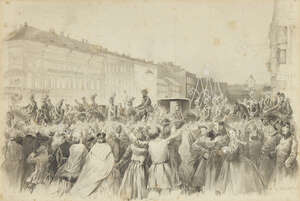 
	
		Franz Teichel, 
		German b.1861- 
		 
		Procession of Alexander II; 
		 
		pencil,...