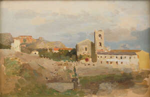 James Kerr-Lawson, 
		Scottish 1864/65-1939- 
		 
		View of a monastery on a hill top; 
		 
		oil on panel, bears inscription in pencil on the reverse, 