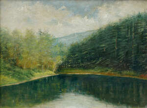 
	
		Northern European School, early 20th century- View of a lake with woodland and hills; oil...
