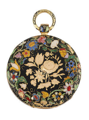 A 19th century gold and enamel keywind fobwatch, the circular engine turned dial with Roman numerals, glass deficient, the case floral engraved with polychrome