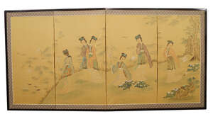 
	
		A Chinese four panel screen, 20th century, decorated with ladies at leisure by a lotus...