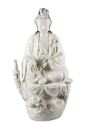 
	
		A large Dehua porcelain figure of Guanyin, 20th century, modelled seated holding a lotus...