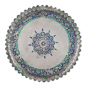
	
		A Lucknow silver engraved and enamelled dish, India, 19th century, of shallow, rounded...