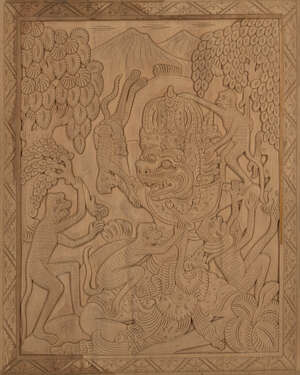 A pair of Balinese carved wood panels
Mid 20th century
Decorated with mythical figures, 51x41cm...