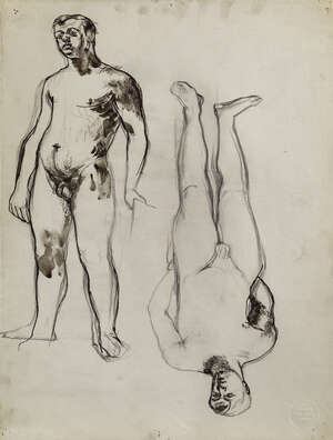 
	
		[AMENDMENT: the second item is ink and pencil on paper by the same artist, depicting...