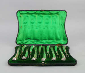 
	
		A cased set of six late Victorian silver pistol grip fruit knives and forks, Sheffield...