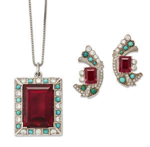 
	
		A rubellite, turquoise and diamond pendant and earrings,  the pendant set with a step-cut...