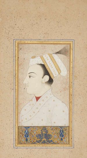 
	
		A Jharokha portrait of a prince, Jaipur, North India, circa 1800,  opaque pigments...
