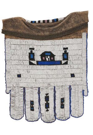 
	
		A South East African beadwork apron, possibly Ndebele, decorated with a house, on a white...