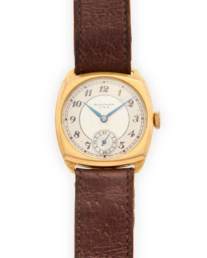 Waltham. A 9ct gold manual wind cushion cased wristwatch in Dennison caseMovement number A03202, Case number 11102/46825, Birmingham hallmark for 1940Waltham B