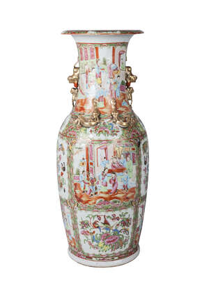 A large Chinese Canton porcelain baluster vase, 19th century, painted in famille rose enamels with alternating panels of figures at court and birds/butterflies