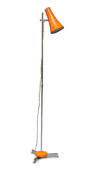 
	
		A chromed floor lamp with orange enameled shade 
		c.1950, metalwork stamped 'OMI' and...