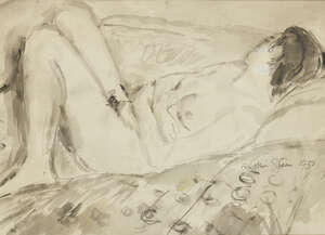 
	
		Ruskin Spear CBE RA, 
		British 1911-1990-
		 
		Recumbent female nude;
		 
		black...