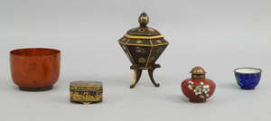 
	
		A Japanese hexagonal form korot, late 19th/early 20th century, the lid with a pierced...