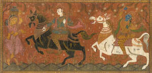 
	
		A large painting of a hunting scene, Orissa, India, 19th century, opaque pigments and...