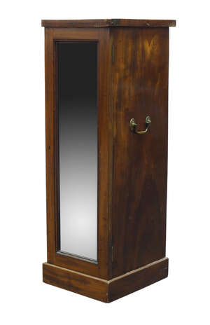 
	
		A Regency mahogany narrow cupboard, with brass handles to sides, the later mirrored door...