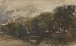 David Cox Jnr., 
		British 1809-1885- 
		 
		Dark Trees; 
		 
		watercolour, 8x13.3cm 
		 
		Provenance: with Abbott & Holder, London, according to t