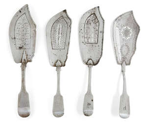 
	
		Four pierced silver fish slices, various dates, designs and makers including two George...