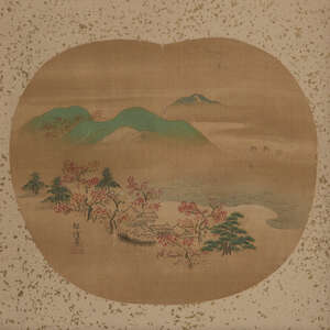
	
		Kano Tanshin, Japanese, 1653-1718, Cherry blossom landscape fan design, Edo Period, ink...