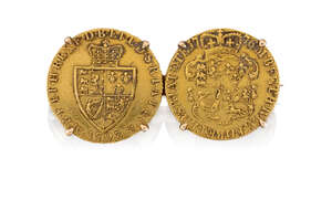 Two brooch mounted George III guineas, 1776 and a spade guinea, 1793