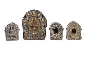 
	
		A large Tibetan silver and leather-backed gau, 19th century, repousse and gilt decorated...