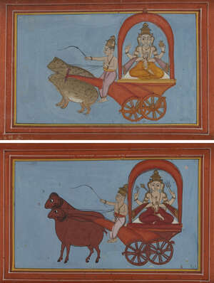
	
		Two small Hindu illustrations of a statue of Shiva being driven in a chariot, Rajasthan....