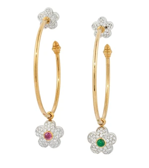 A pair of diamond and gem set hoop earrings, each designed as a wire hoop with brilliant-cut...