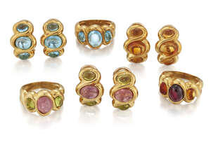 
	
		Three pairs of gem-set earrings, each set with cabochon stones in an interlaced design,...