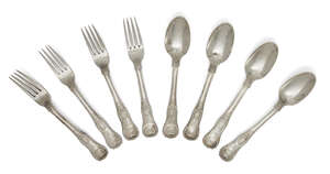 
	
		Thirteen Irish silver dessert spoons and sixteen dessert forks, Dublin, c.1827, Thomas...