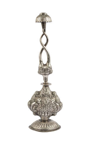 
	
		A large silver repousse rosewater sprinkler, India, 19th century, on a ribbed oval domed...