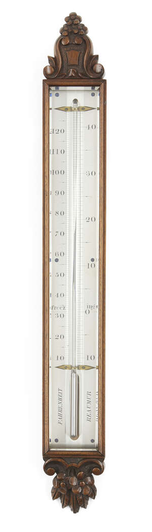 
	
		An early Victorian mahogany wall thermometer, mid 19th century, the glazed case with...
