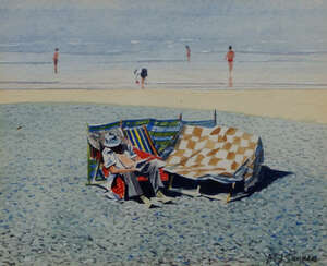 
	
		Michael J. Sanders,
		British b. 1959-
		 
		Beach scene with a man and a...